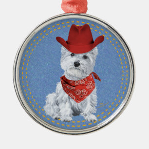 Westie Cowboy auf Jeansstoff Silbernes Ornament