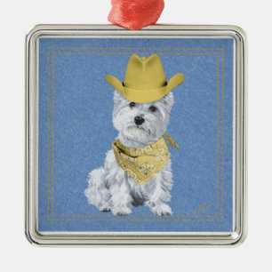 Westie Cowboy auf Jeansstoff Silbernes Ornament