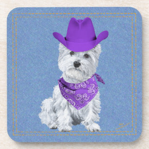 Westie Cowboy auf Jeansstoff Untersetzer
