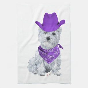 Westie Cowboy in Lila Geschirrtuch