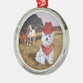 Westie Cowboy mit Pferden Silbernes Ornament (Links)