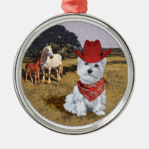 Westie-Cowboy mit Pferden Silbernes Ornament