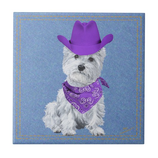 Westie Cowboy on Denim Fliese (Vorderseite)