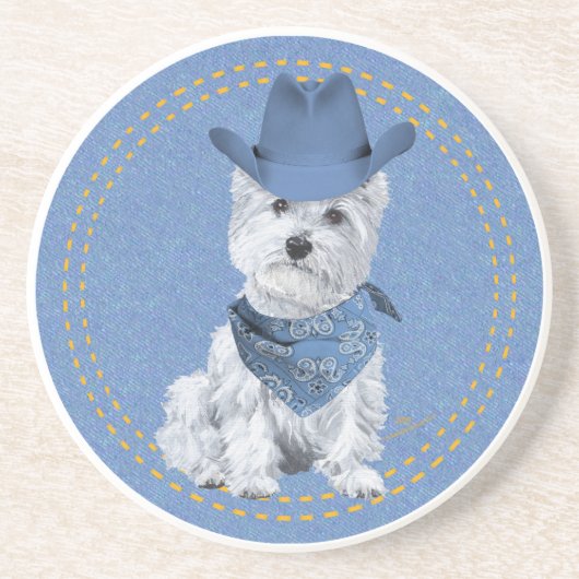 Westie Cowboy on Denim Getränkeuntersetzer (Vorne)
