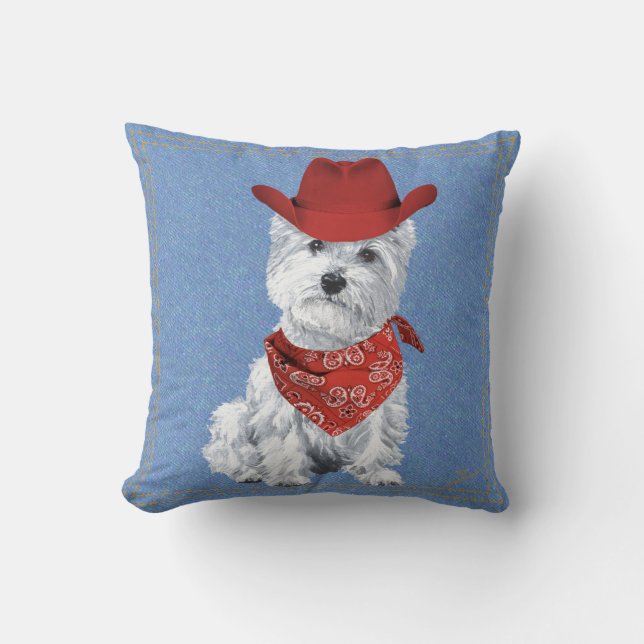 Westie Cowboy on Denim Kissen (Vorderseite)