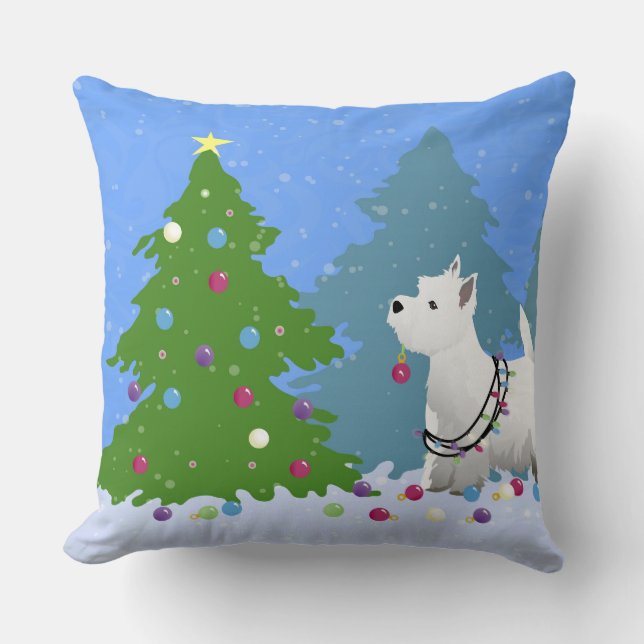 Westie Dekorieren eines Weihnachtsbaumes im Wald Kissen (Vorderseite)
