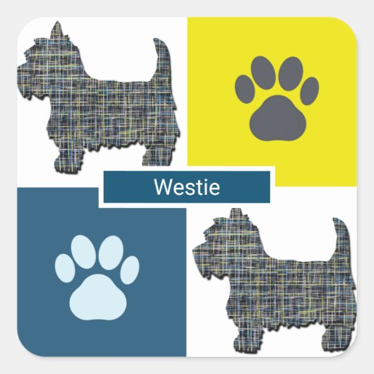 Westie Dog & Paw Y&B Grid Square Sticker (Vorderseite)