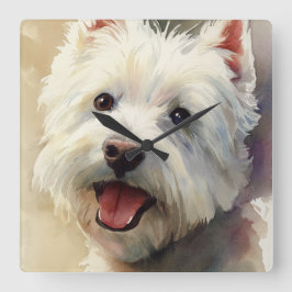 Westie dog watercolor portrait quadratische wanduhr