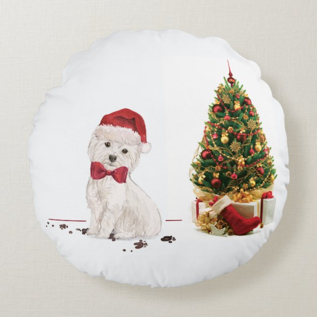 Westie Funny Christmas Dog mit Baum Rundes Kissen (Vorderseite)