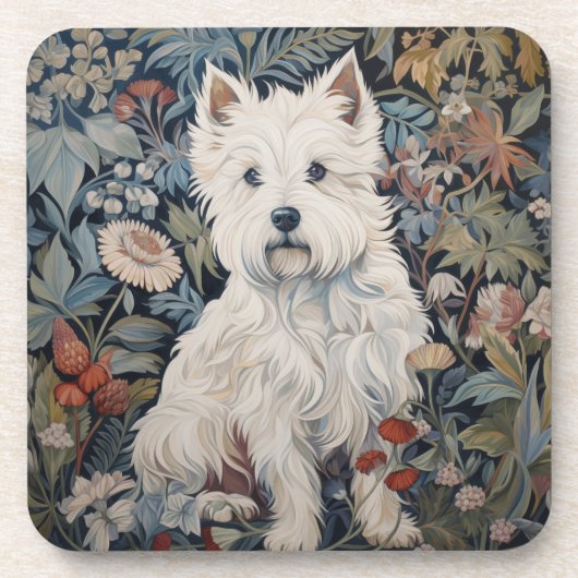 Westie Garden Tapestes im William Morris Style Getränkeuntersetzer (Vorderseite)