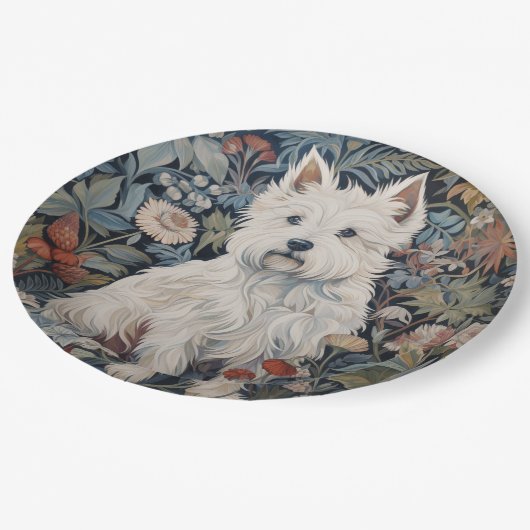 Westie Garden Tapestes im William Morris Style Pappteller (Schrägansicht)