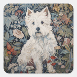 Westie Garden Tapestes im William Morris Style Quadratischer Aufkleber