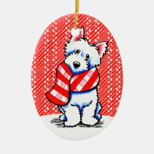 Westie Happy Kariert Scarf Winter Keramikornament (Vorne)