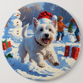 Westie läuft im Schnee mit Weihnachtshut Button (Vorderseite)