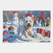 Westie läuft im Schnee mit Weihnachtshut Geschirrtuch (Horizontal)