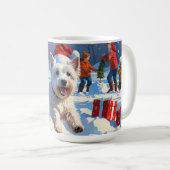 Westie läuft im Schnee mit Weihnachtshut Kaffeetasse (VorderseiteRechts)