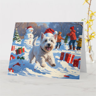 Westie läuft im Schnee mit Weihnachtshut Karte