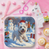 Westie läuft im Schnee mit Weihnachtshut Pappteller (Party)