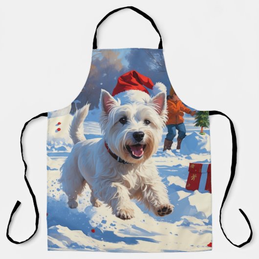 Westie läuft im Schnee mit Weihnachtshut Schürze (Vorderseite)