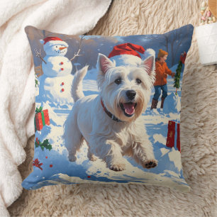 Westie läuft im Schnee mit Weihnachtsmütze Kissen