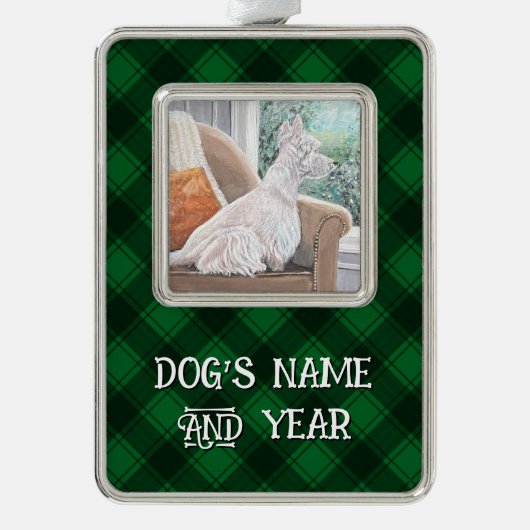 Westie Looking Out a Window Rahmen-Ornament Silber (Vorderseite)