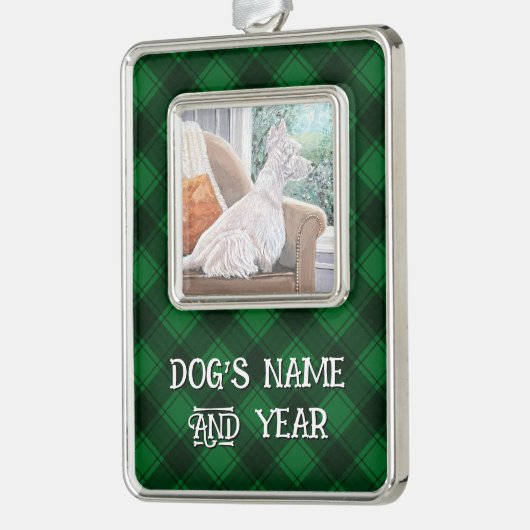 Westie Looking Out a Window Rahmen-Ornament Silber (Links)