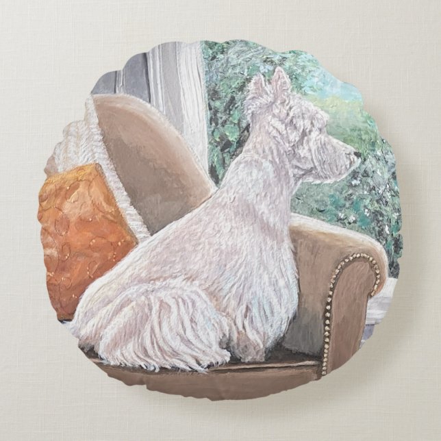 Westie Looking Out a Window Rundes Kissen (Vorderseite)