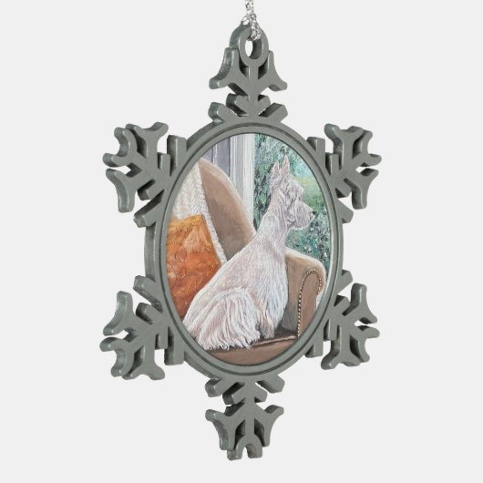Westie Looking Out a Window Schneeflocken Zinn-Ornament (Links)