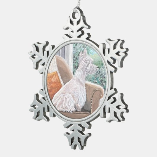 Westie Looking Out a Window Schneeflocken Zinn-Ornament (Rechts)