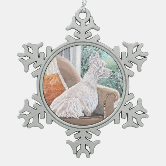 Westie Looking Out a Window Schneeflocken Zinn-Ornament (Vorderseite)