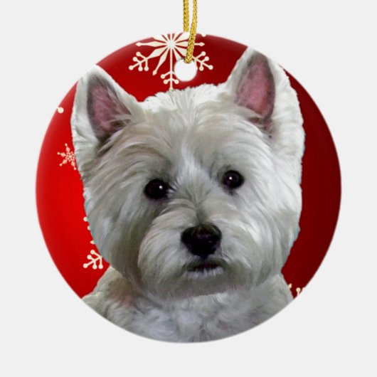 WESTIE MIT SCHNEEFLOCKEN KERAMIKORNAMENT (Vorne)
