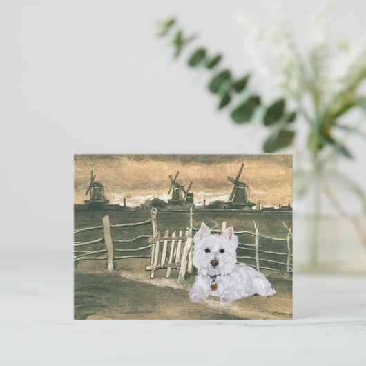 Westie mit Windmühlen Postkarte (Stehend Vorderseite)