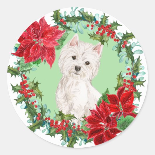 Westie Poinsettia Holly Holiday Wreath Runder Aufkleber (Vorderseite)
