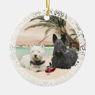 Westie & Scottie am Palmenstrand Keramikornament