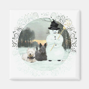 Westie & Scottie bauen einen Schneemann Magnet