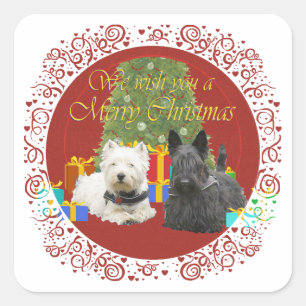 Westie & Scottie Frohe Weihnachten Quadratischer Aufkleber