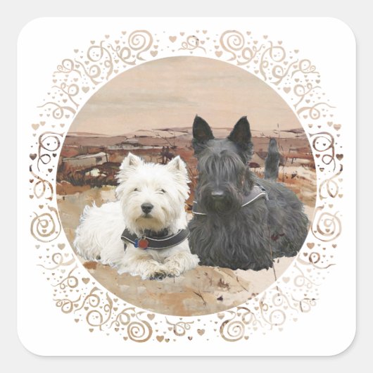 Westie & Scottie Gemeinsam Herbst Quadratischer Aufkleber (Vorderseite)