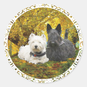 Westie & Scottie im Herbst Runder Aufkleber