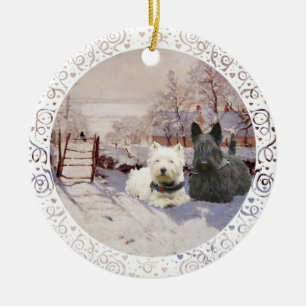 Westie & Scottie Winter Elster Keramikornament