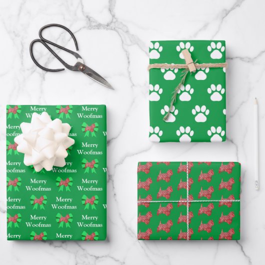 Westie Terrier Dog Silhouette Green Merry Woofmas Geschenkpapier Set (Vorderseite)