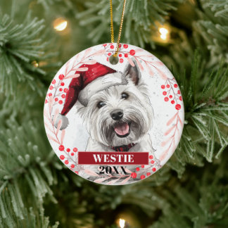 Westie Terrier im Santa Hut Weihnachtsbaumanhänger Keramik Ornament