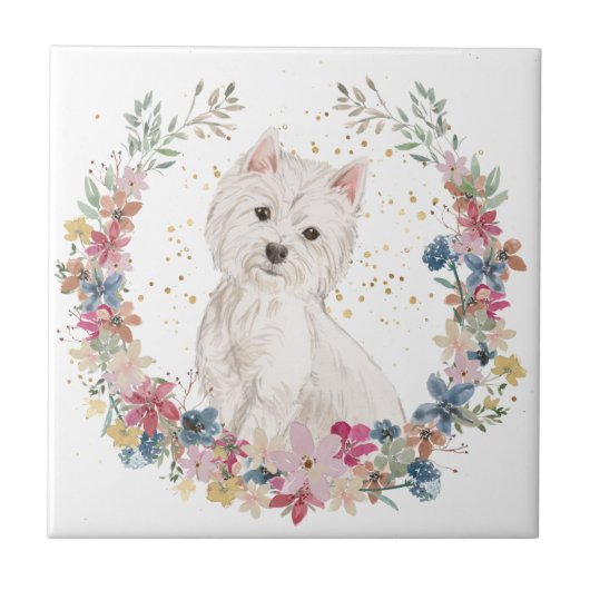 Westie Terrier Spring Flowers Wreath Fliese (Vorderseite)