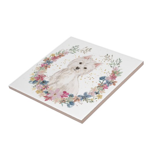 Westie Terrier Spring Flowers Wreath Fliese (Seite)