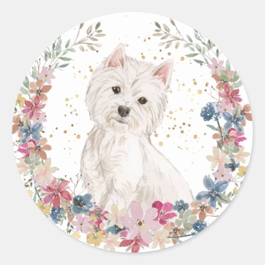 Westie Terrier Spring Flowers Wreath Runder Aufkleber (Vorderseite)