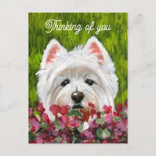 Westie und rosa Blumen Feiertagspostkarte