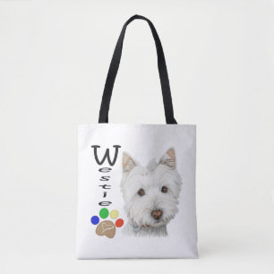 Westie verfolgt Kunst ganz über Tasche