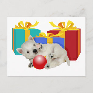 Westie-Welpe mit Weihnachtsgeschenken Feiertagspostkarte