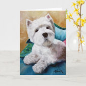 Westie Westhochland-Terrier-Hundewelpen-Kunst Karte (Gelbe Blume)