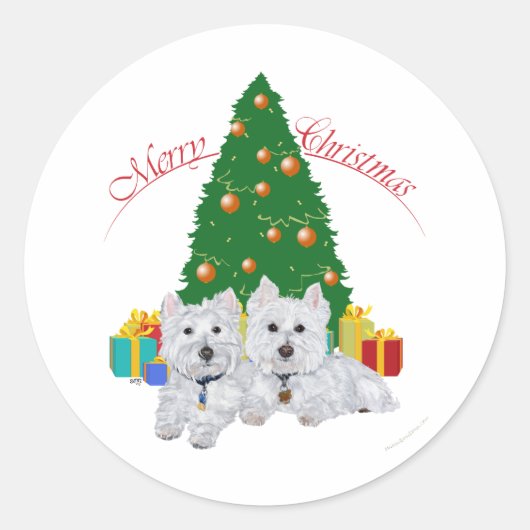 Westies am Weihnachtsbaum Runder Aufkleber (Vorderseite)