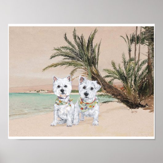 Westies an einem Palmenstrand Poster (Vorne)